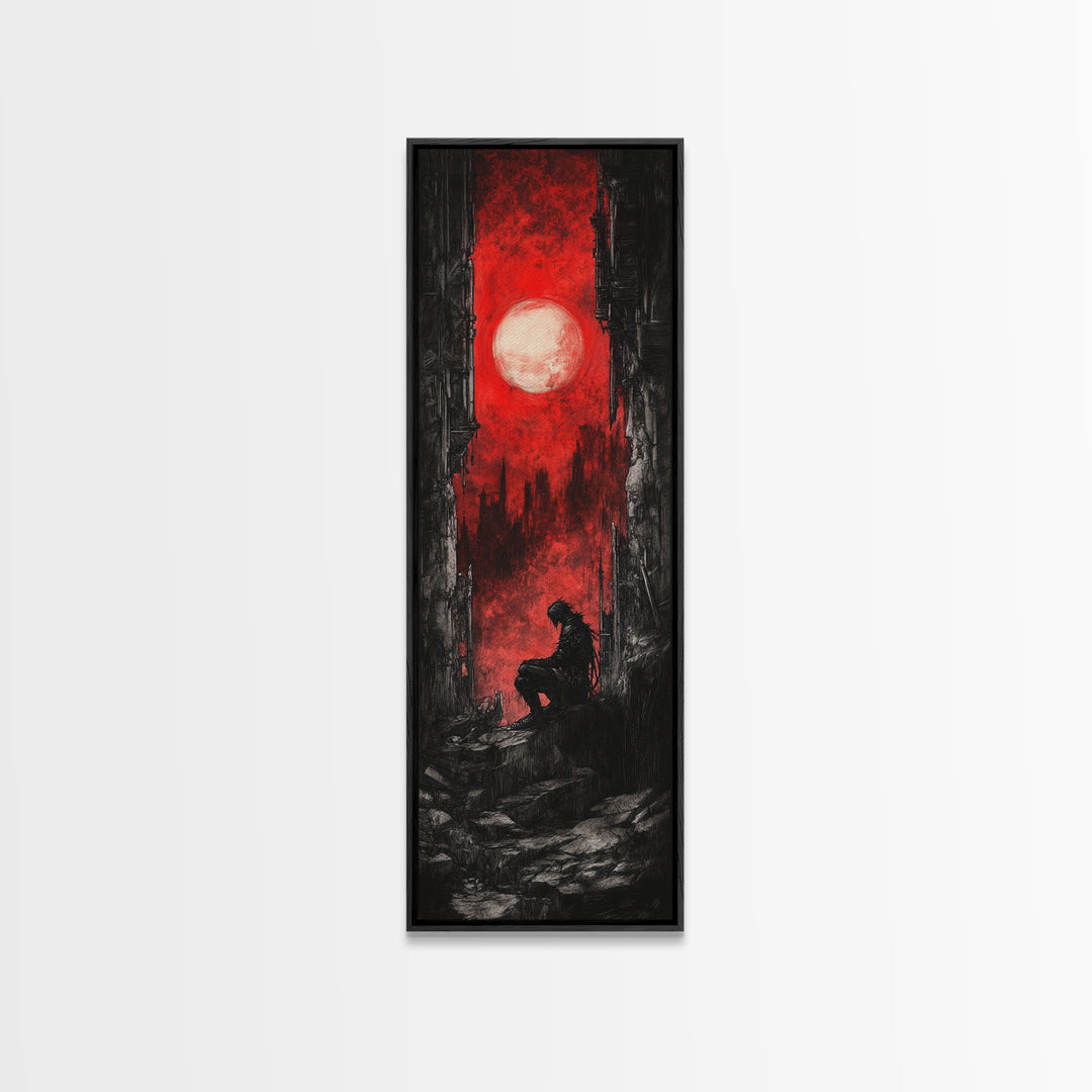 Solitary Figure Under Blood Moon Wall Art, Red Gothic Fantasy Canvas Print, Dark Academia Poster For Bedroom Decor Gift