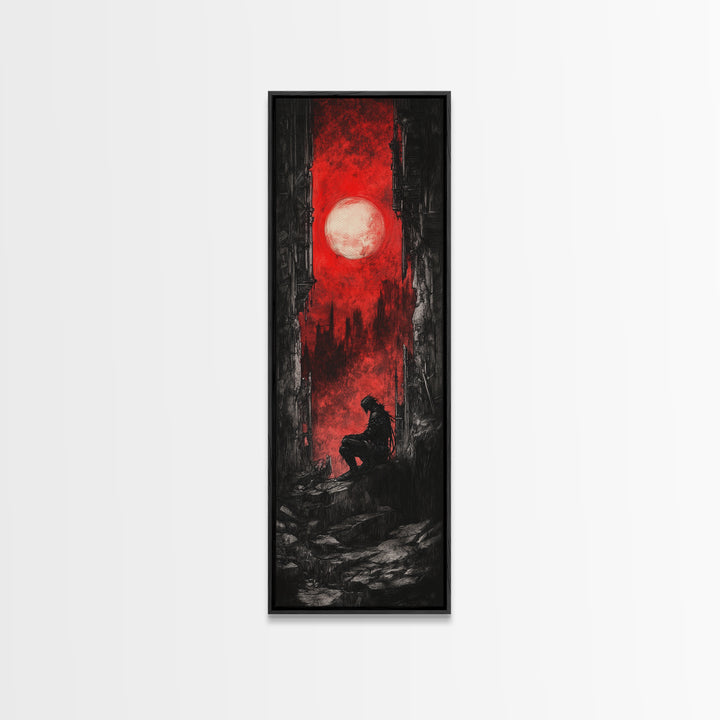 Solitary Figure Under Blood Moon Wall Art, Red Gothic Fantasy Canvas Print, Dark Academia Poster For Bedroom Decor Gift