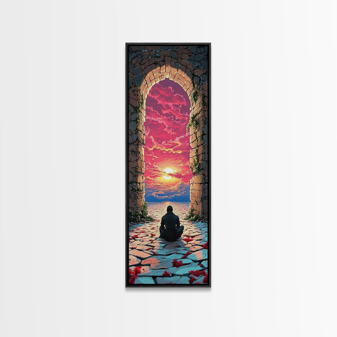 Seated Wanderer In Stone Arch Sunset Wall Art, Vibrant Fantasy Portal Canvas Print, Meditation Room Home Decor Gift For Her