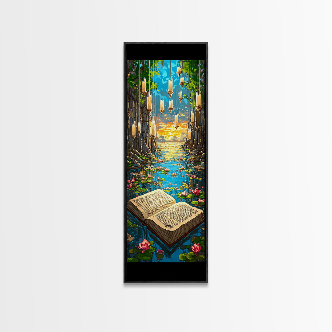 Open Book In Enchanted Lily Pond Wall Art, Magical Library Fantasy Canvas Print, Whimsical Reading Nook Decor Gift For Book Lover