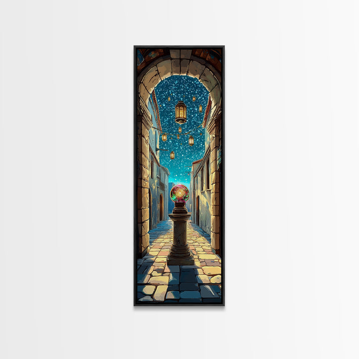 Magic Orb Beneath Starry Alley Wall Art, Whimsical Fantasy Canvas Print, Mediterranean Night Unique Home Decor Gift For Her