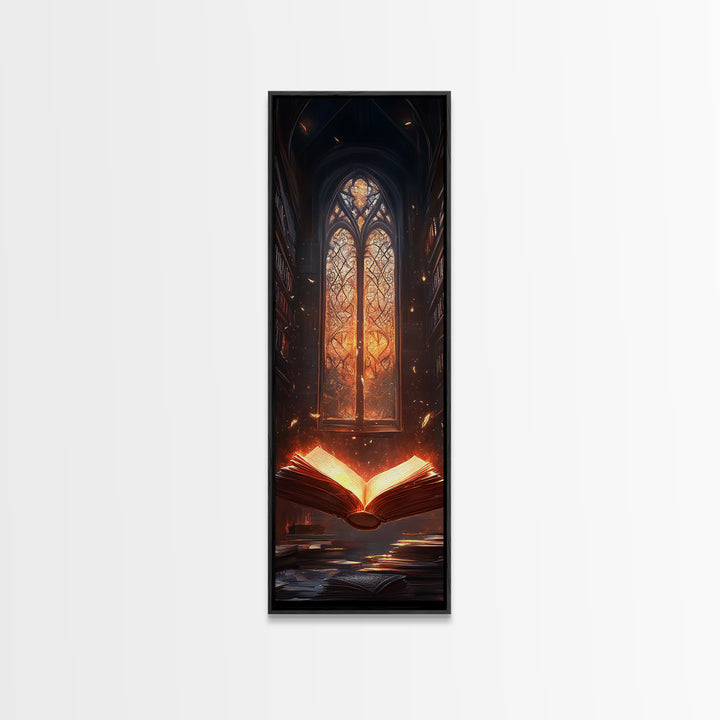 Glowing Book Before Cathedral Window Wall Art, Gothic Library Fantasy Canvas Print, Dark Academia Reading Room Decor Gift