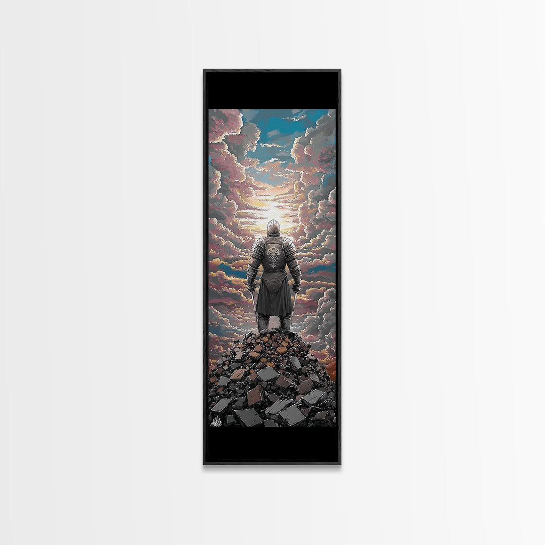 Armored Wanderer Above Cloud Sea Canvas Print, Dark Fantasy Wall Decor, Knight Artwork, Epic Adventure Gift For Him, Office Art