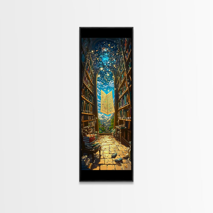 Glowing Magic Map In Towering Library Framed Canvas Print, Fantasy Wall Art, Bookish Decor, Whimsical Reader Gift, Library Poster