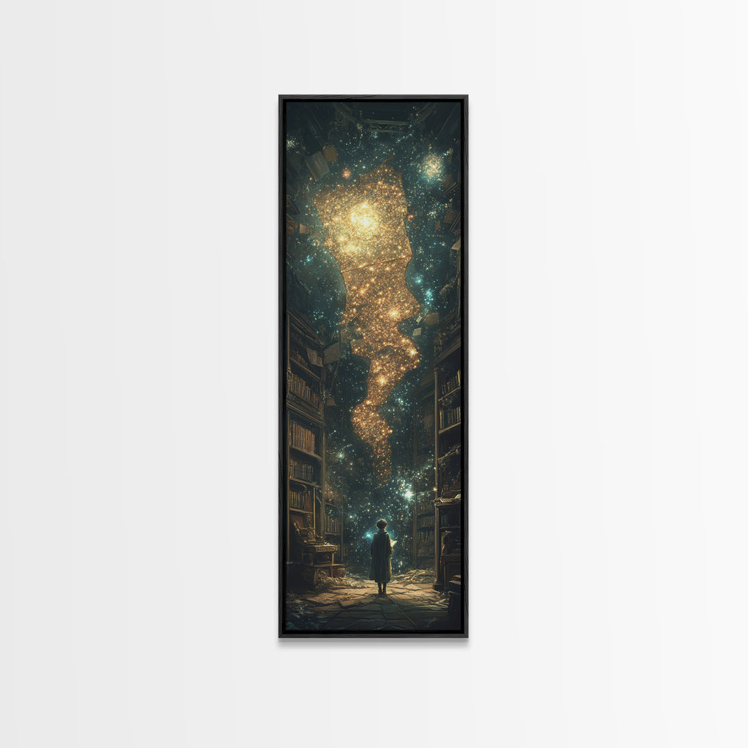 Child Beneath Cosmic Book Tower Wall Art, Dark Academia Library Decor, Celestial Fantasy Art Print, Magical Reading Gift