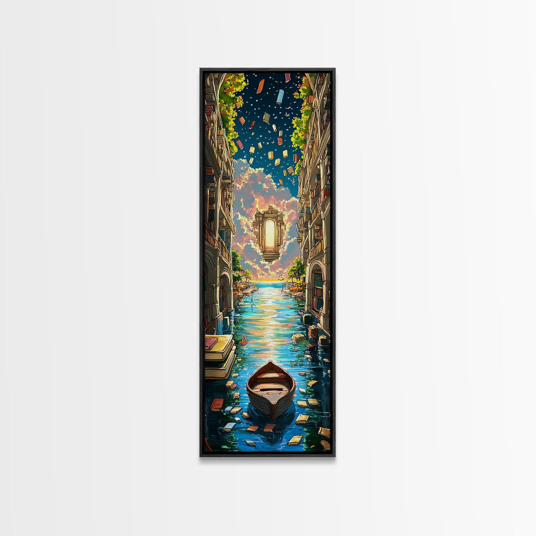 Lantern Canal Between Book Shelves Canvas Print, Fantasy Library Wall Art, Coastal Book Lover Decor, Magical Housewarming Gift