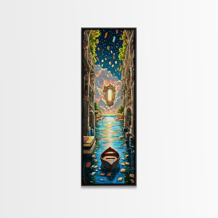 Lantern Canal Between Book Shelves Canvas Print, Fantasy Library Wall Art, Coastal Book Lover Decor, Magical Housewarming Gift