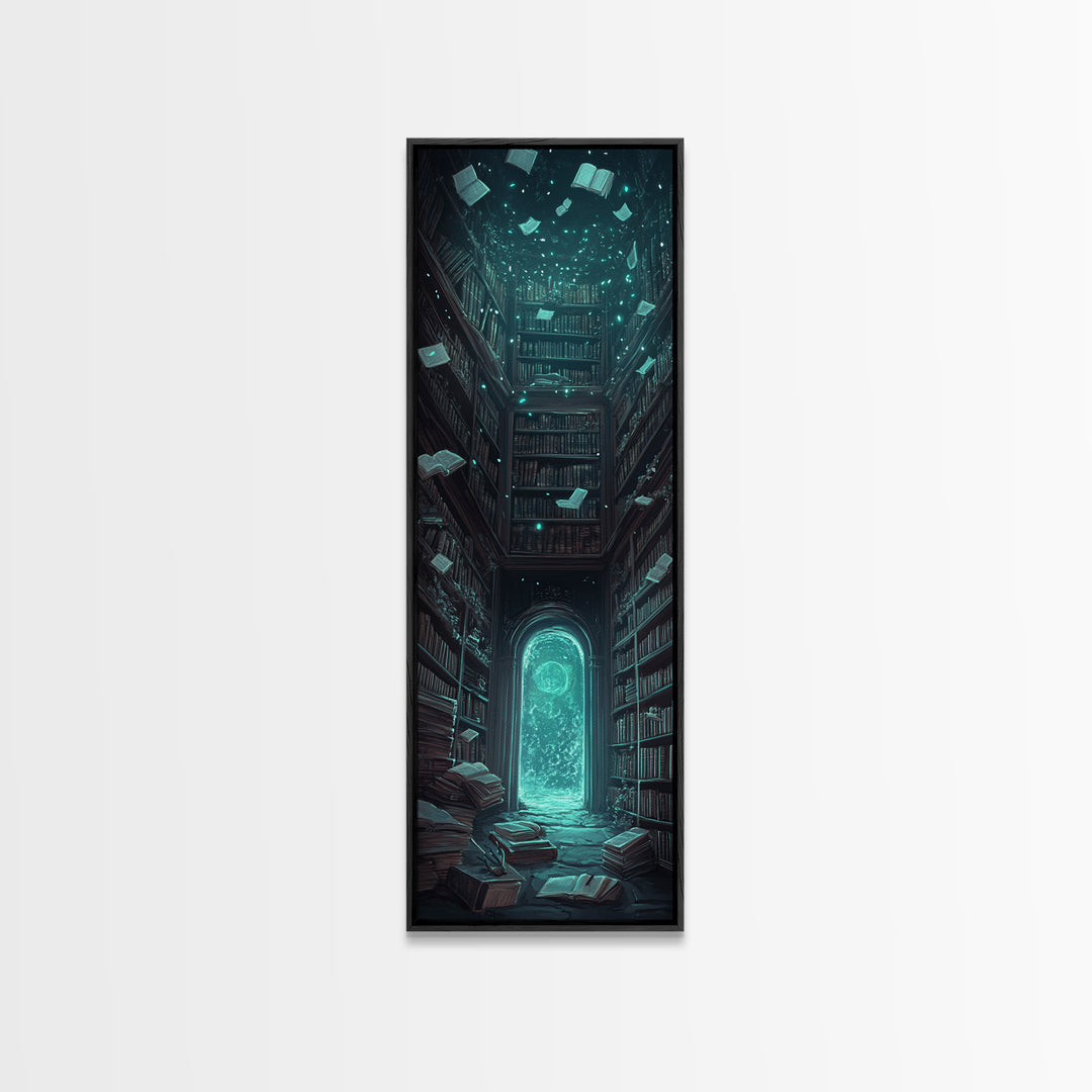 Glowing Portal In Dark Library Framed Canvas Print, Gothic Wall Art, Dark Academia Decor, Fantasy Book Lover Gift, Reading Nook Decor