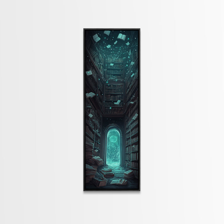 Glowing Portal In Dark Library Framed Canvas Print, Gothic Wall Art, Dark Academia Decor, Fantasy Book Lover Gift, Reading Nook Decor