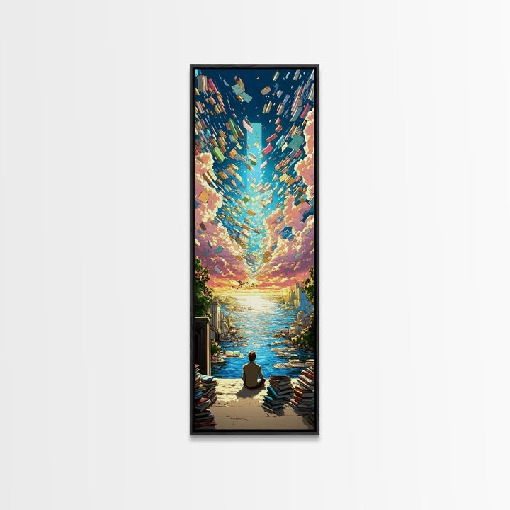 Boy Watching Books Fly Over Ocean Wall Art, Whimsical Sunset Seascape, Book Lover Gift, Colorful Coastal Home Decor Print