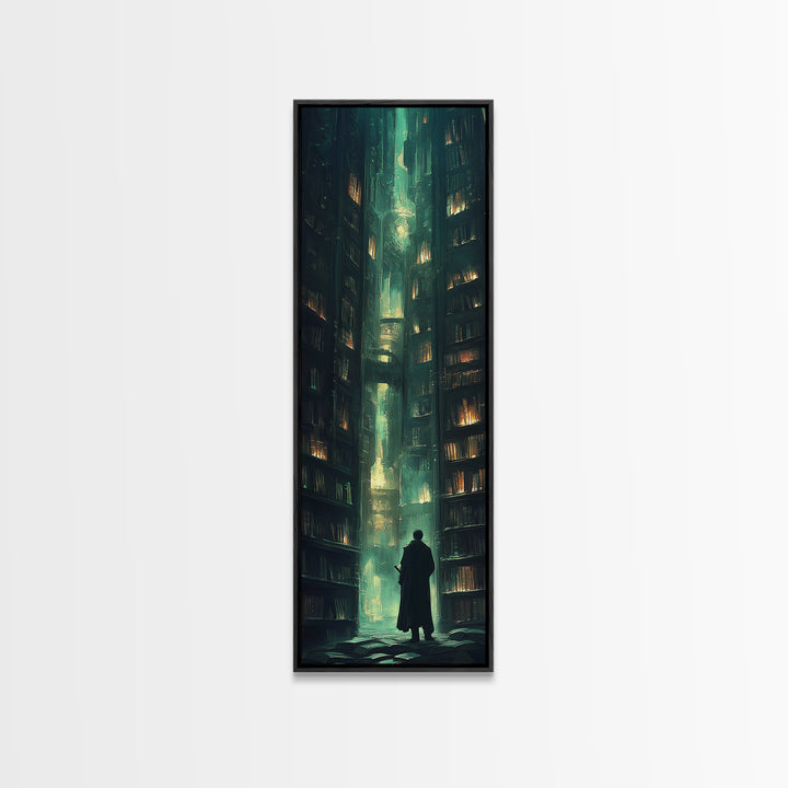 Lone Figure In Emerald Library Canyon Canvas Print, Dark Academia Wall Art, Moody Fantasy Decor, Gothic Office Wall Decor