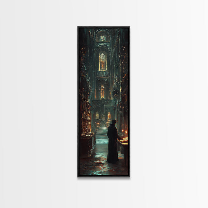 Robed Scholar In Gothic Cathedral Library Wall Art, Dark Academia Decor, Moody Fantasy Print, Candlelit Office Wall Decor