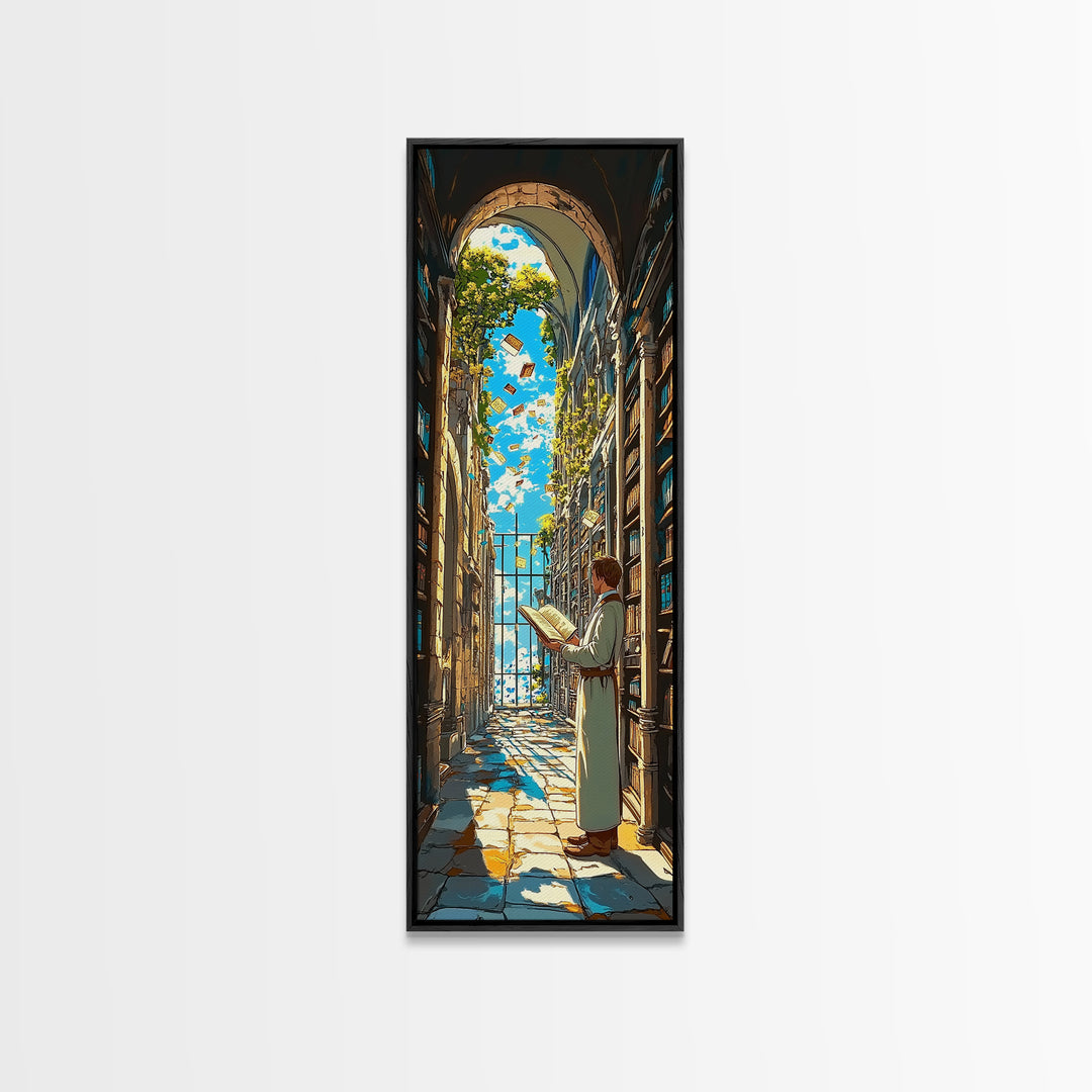 Sunlit Scholar Reading In Arched Library Framed Canvas Print, Book Lover Wall Art, Academia Decor, Literary Gift For Her