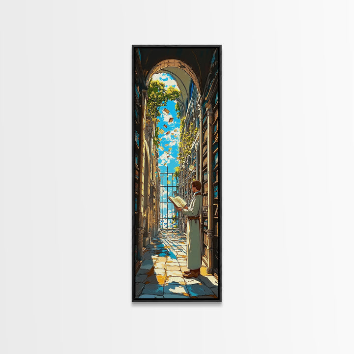 Sunlit Scholar Reading In Arched Library Framed Canvas Print, Book Lover Wall Art, Academia Decor, Literary Gift For Her