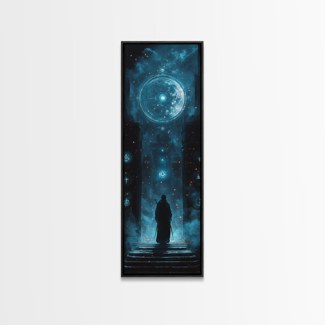 Lone Figure Before Glowing Cosmic Portal Canvas Print, Sci Fi Wall Art, Cyberpunk Decor, Futuristic Space Art For Gaming Room
