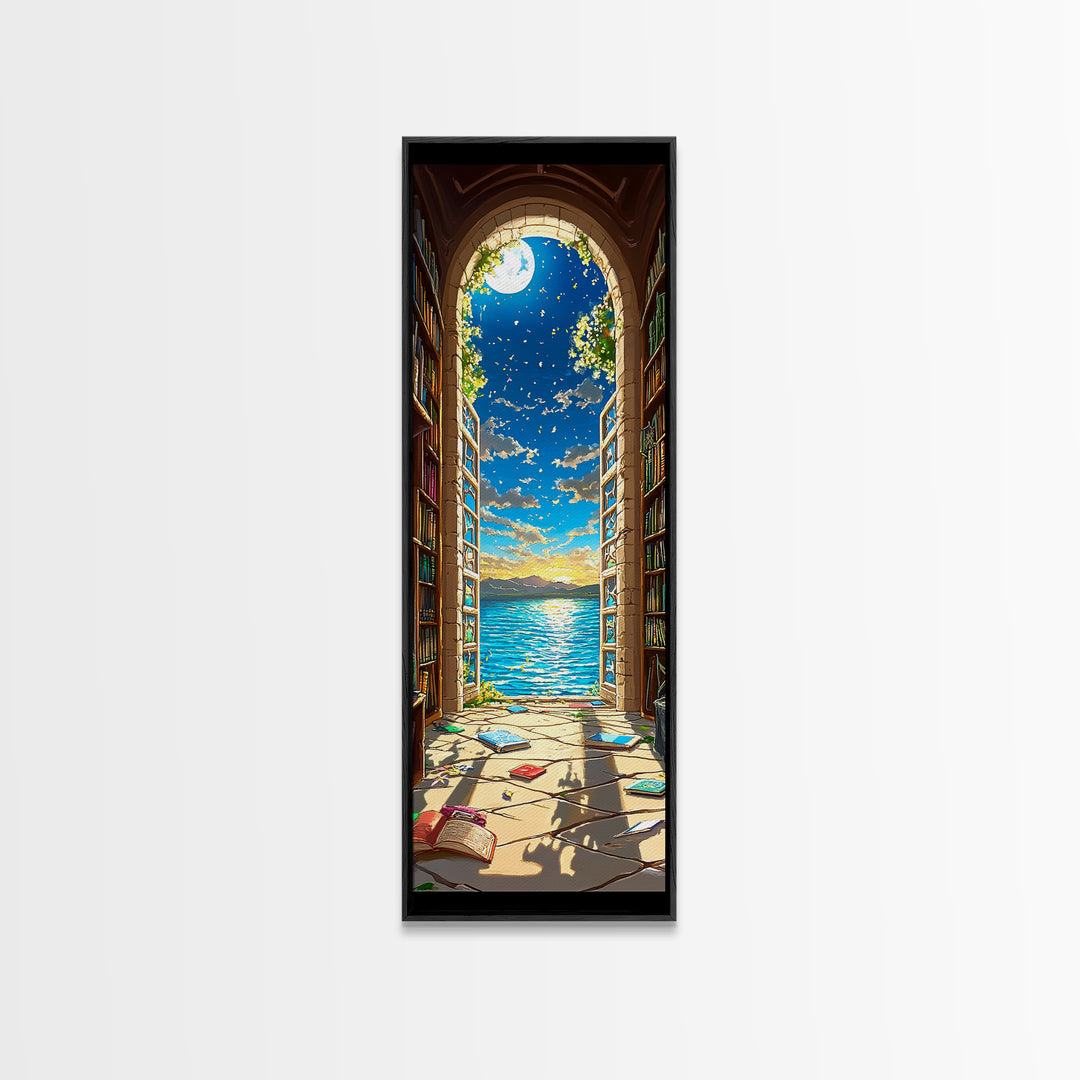 Moonlit Library Arch With Ocean View Framed Canvas Print, Book Lover Wall Art, Coastal Decor, Reading Nook Art For Cozy Home Decor