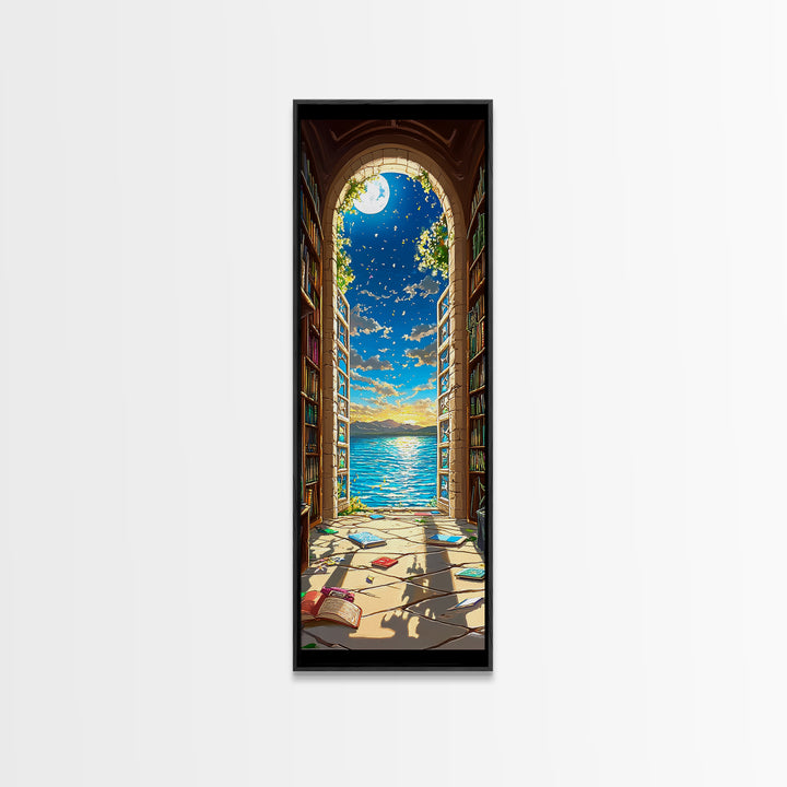 Moonlit Library Arch With Ocean View Framed Canvas Print, Book Lover Wall Art, Coastal Decor, Reading Nook Art For Cozy Home Decor