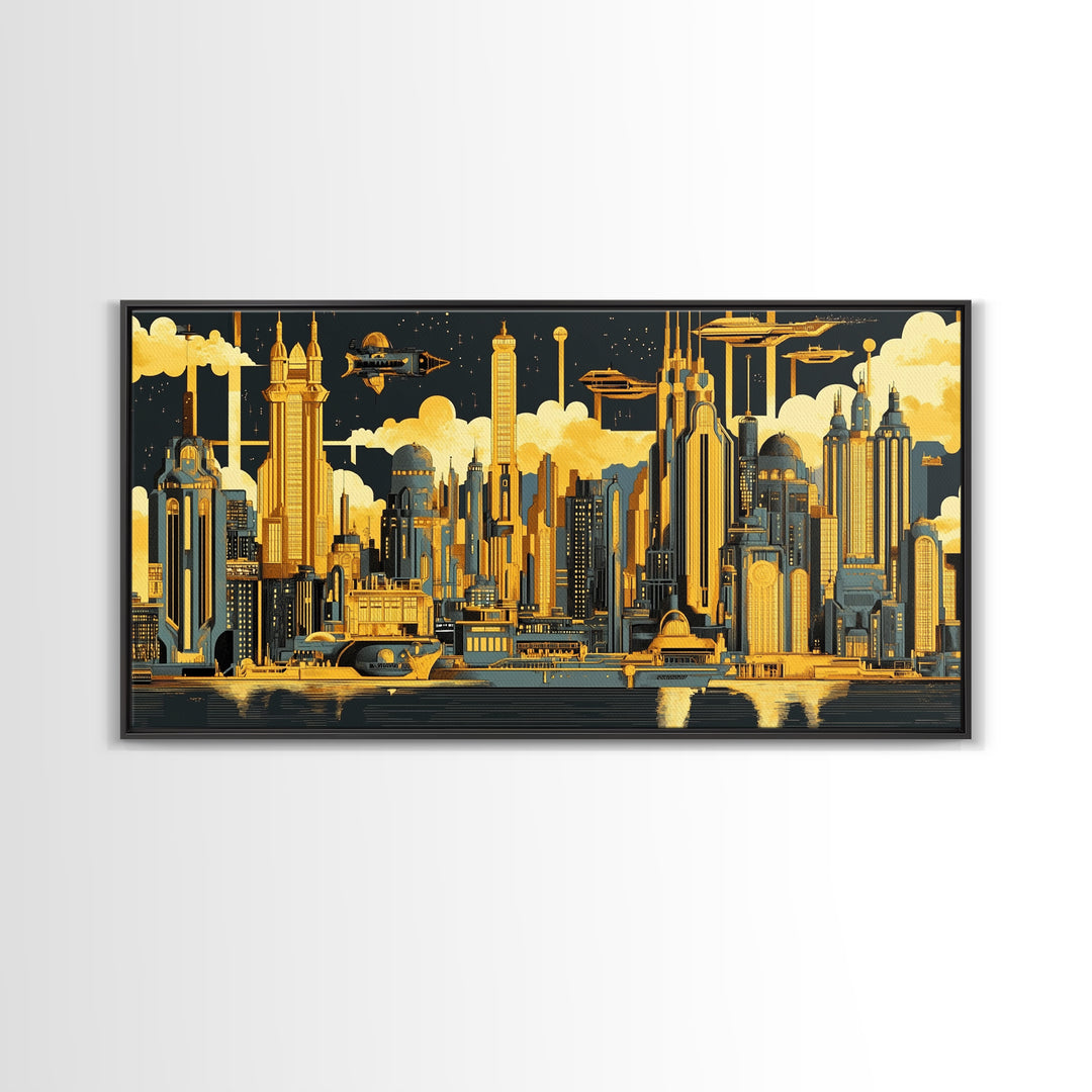 Golden Futuristic Skyline With Airships Canvas Print, Sci Fi Cityscape Wall Art, Modern Office Decor, Large Statement Artwork