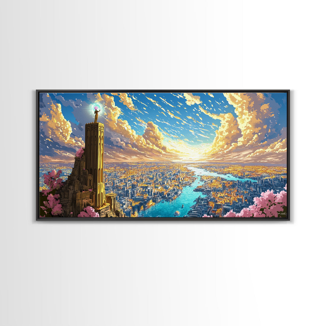 Sunset Tower Above Radiant River City Framed Canvas Print, Fantasy Wall Art, Colorful Landscape, Living Room Decor Gift Idea