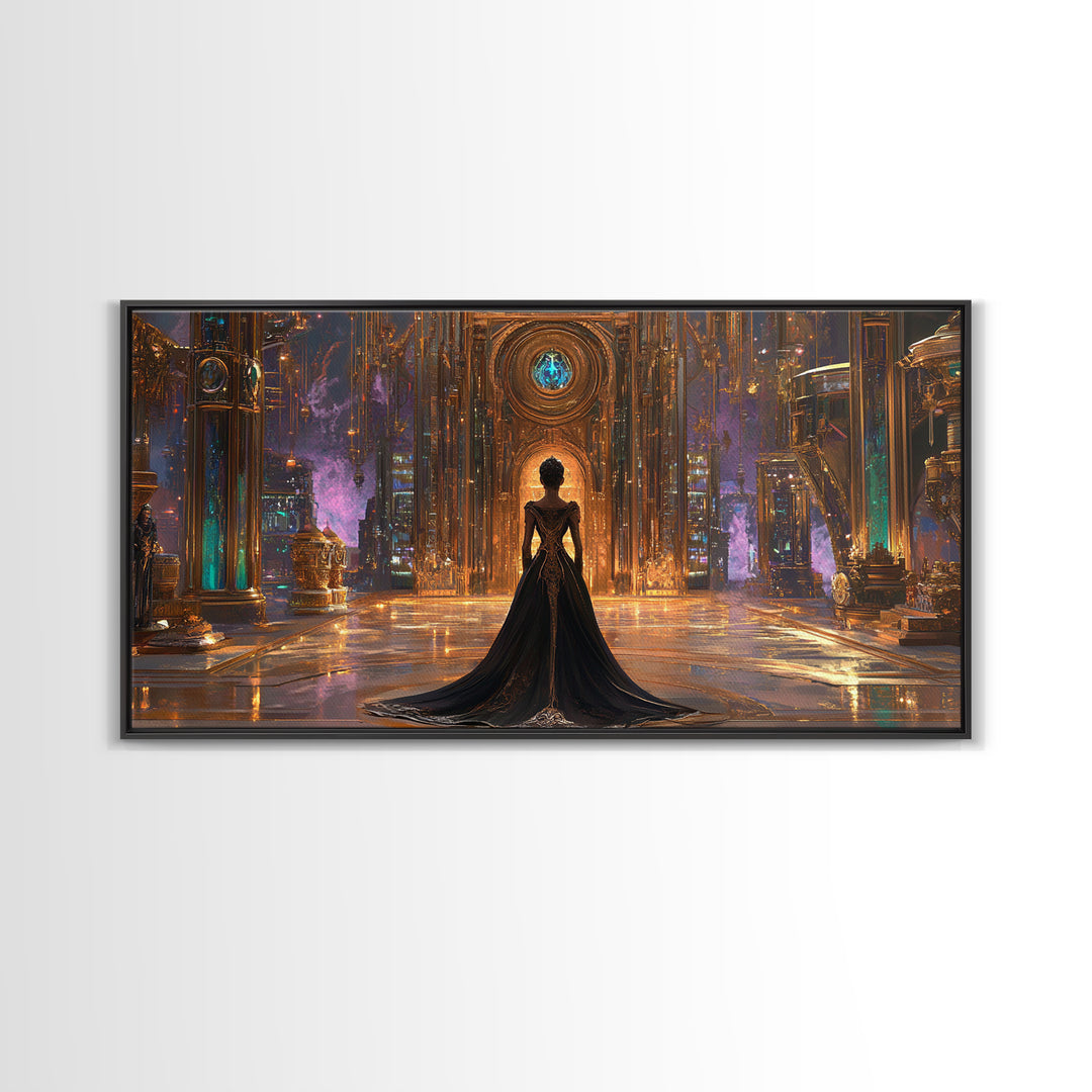 Gothic Woman In Ornate Crystal Hall Canvas Print, Dark Fantasy Wall Art, Moody Gothic Decor, Elegant Statement Artwork Gift