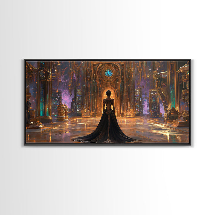 Gothic Woman In Ornate Crystal Hall Canvas Print, Dark Fantasy Wall Art, Moody Gothic Decor, Elegant Statement Artwork Gift