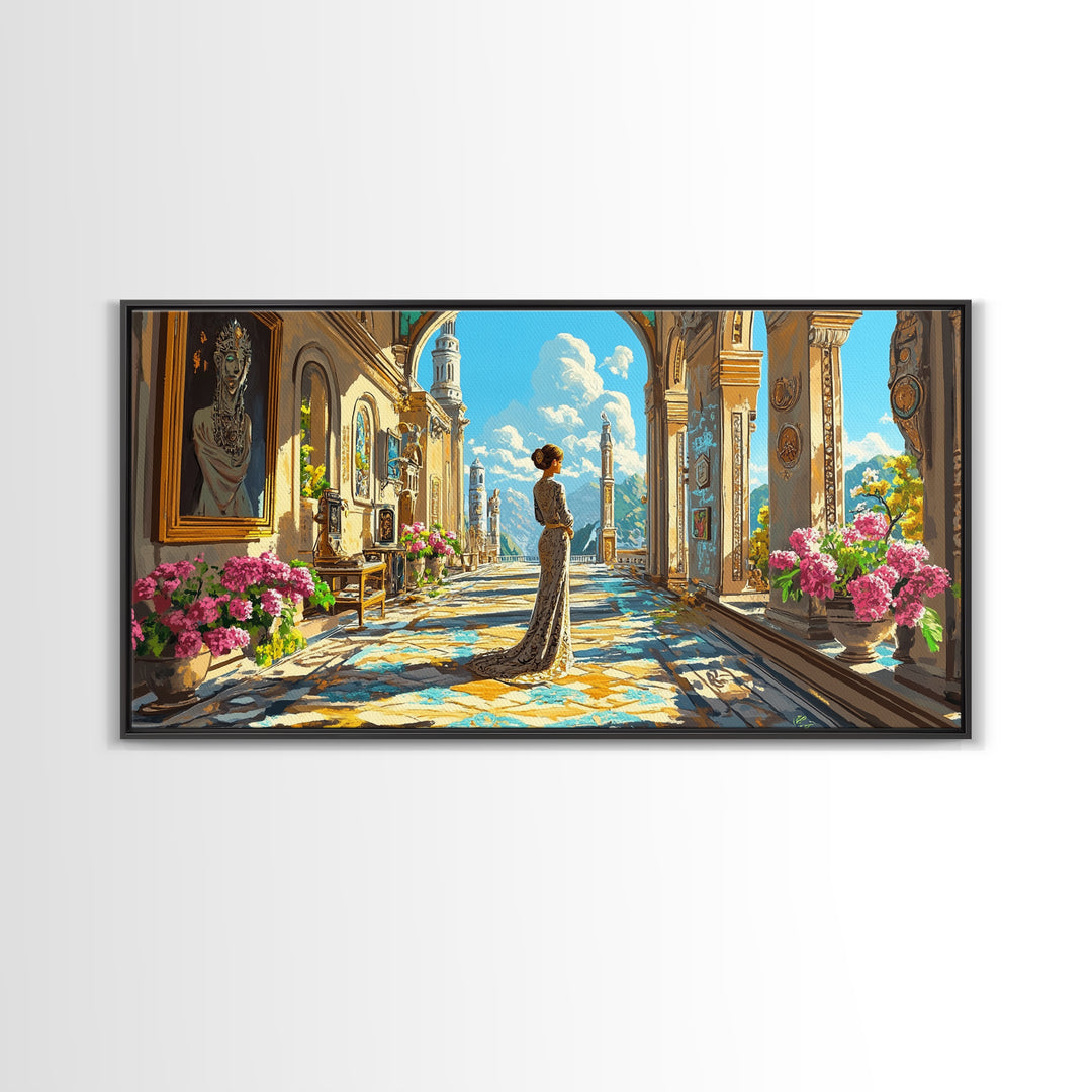 Elegant Woman In Sunlit Palace Corridor Canvas Print, Mediterranean Wall Art, Floral Decor, European Living Room Artwork Gift