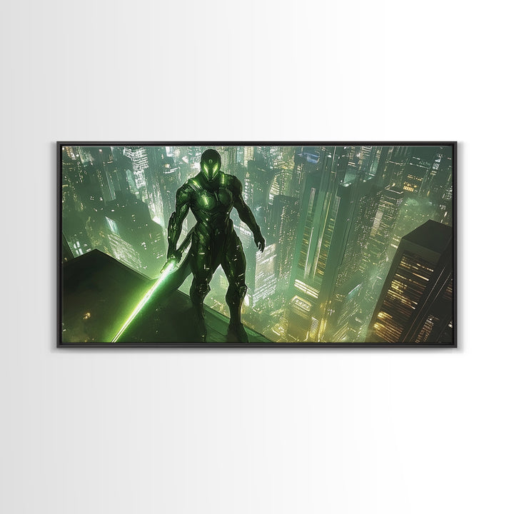 Green Cyber Warrior On Futuristic Rooftop Canvas Print, Modern Cyberpunk Wall Art, Sci Fi Gaming Room Decor, Gift For Him