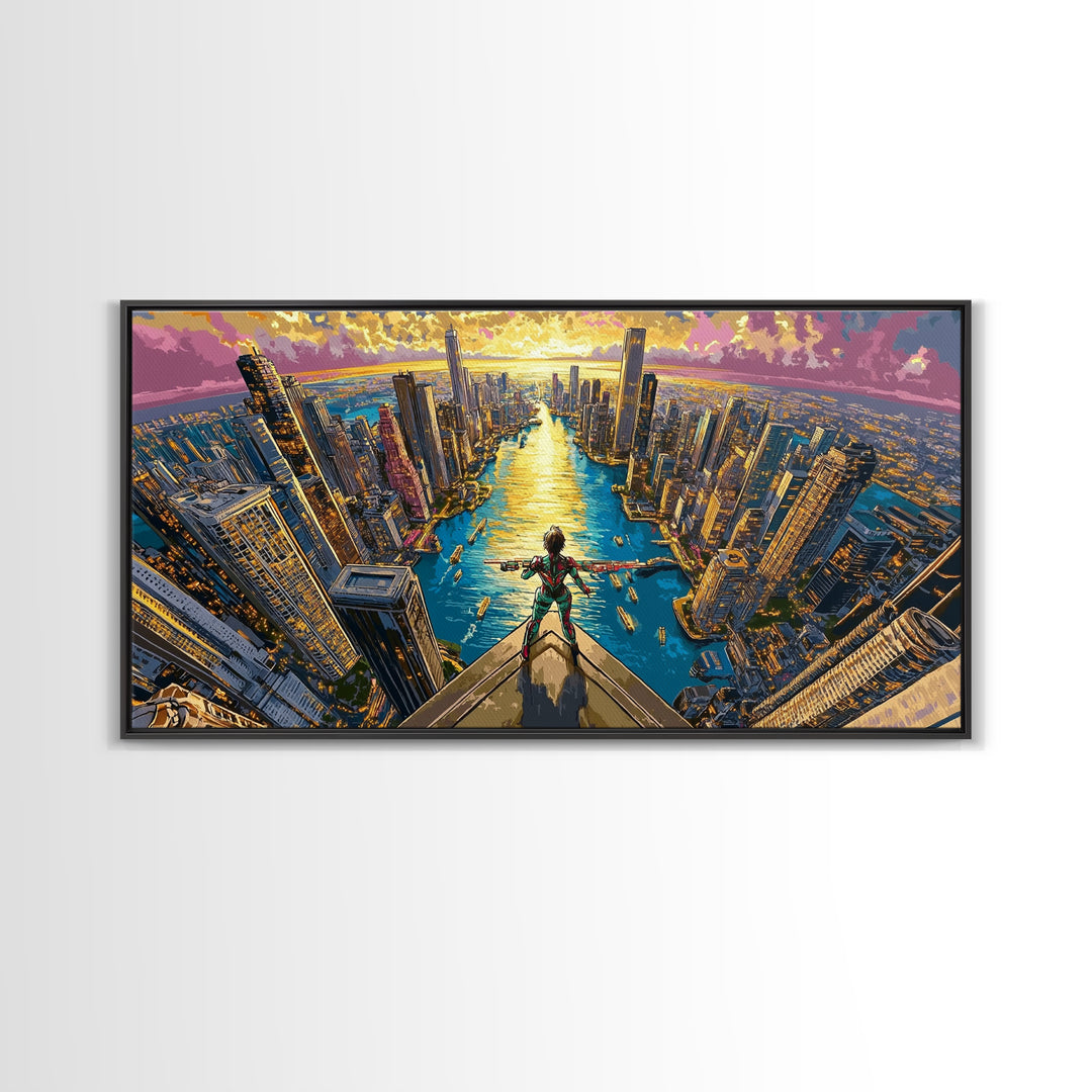 Daring Hero Above Golden Future City Framed Canvas Print, Cyberpunk Wall Art, Anime Sci Fi Decor, Large Statement Artwork