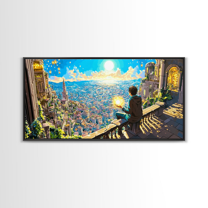 Boy With Glowing Orb Above Sunlit Fantasy City Canvas Print, Whimsical Wall Art, Magical Living Room Home Decor, Gift For Her