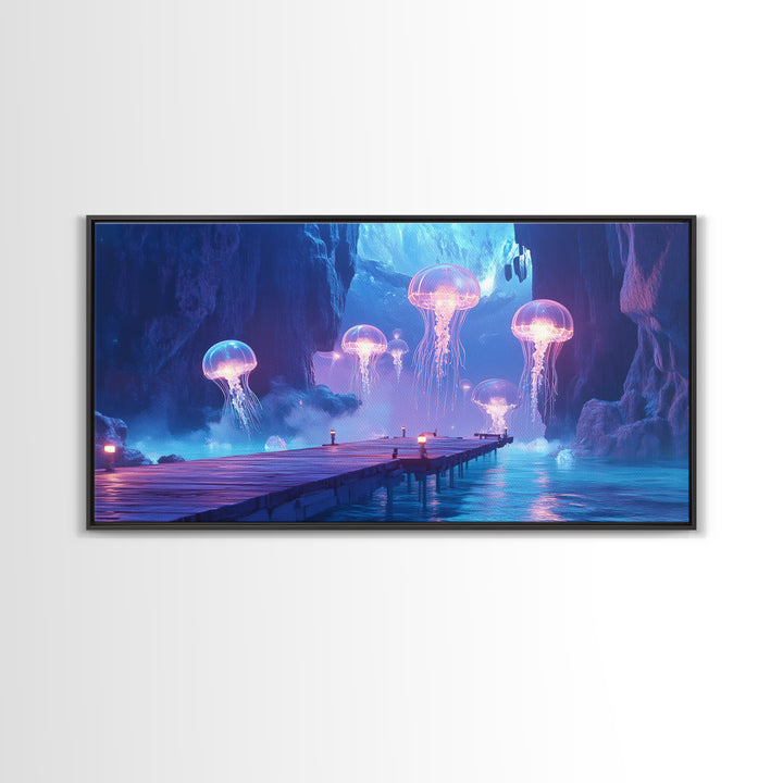 Glowing Jellyfish Cavern With Dock Canvas Print, Blue Bioluminescent Ocean Wall Art, Fantasy Coastal Home Decor, Unique Gift