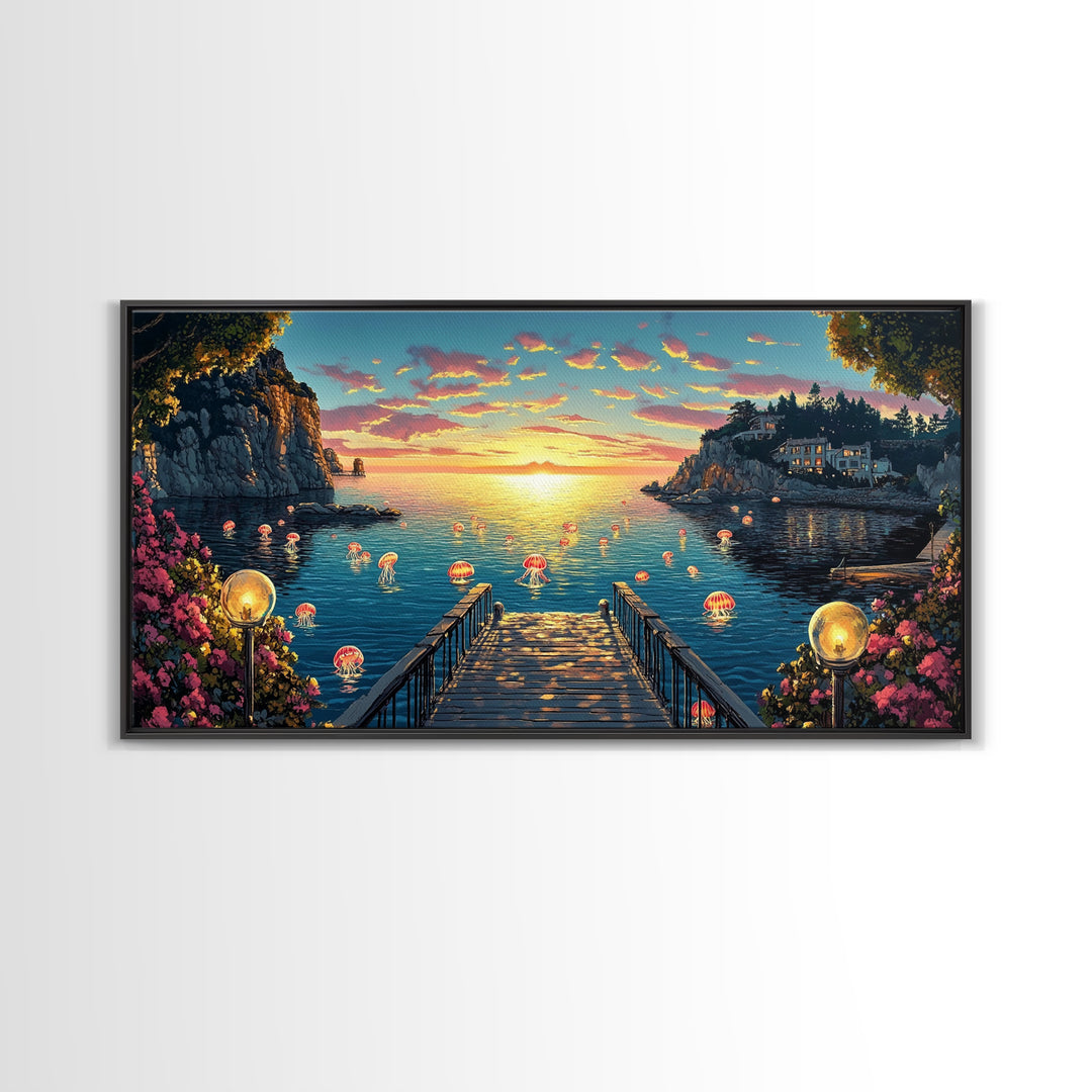 Glowing Jellyfish Cove At Sunset Canvas Print, Whimsical Coastal Wall Art, Ocean Decor, Beach House Living Room Decor, Fantasy Art