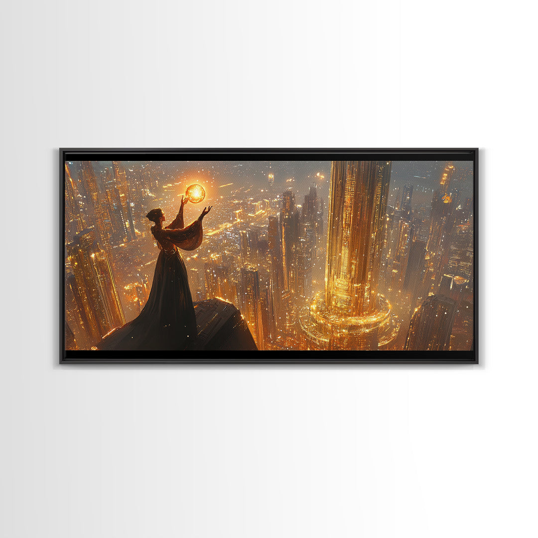 Elegant Woman Holding A Golden Orb Framed Canvas Print, Futuristic Wall Art, Sci Fi Decor, Luxury Office Statement Artwork