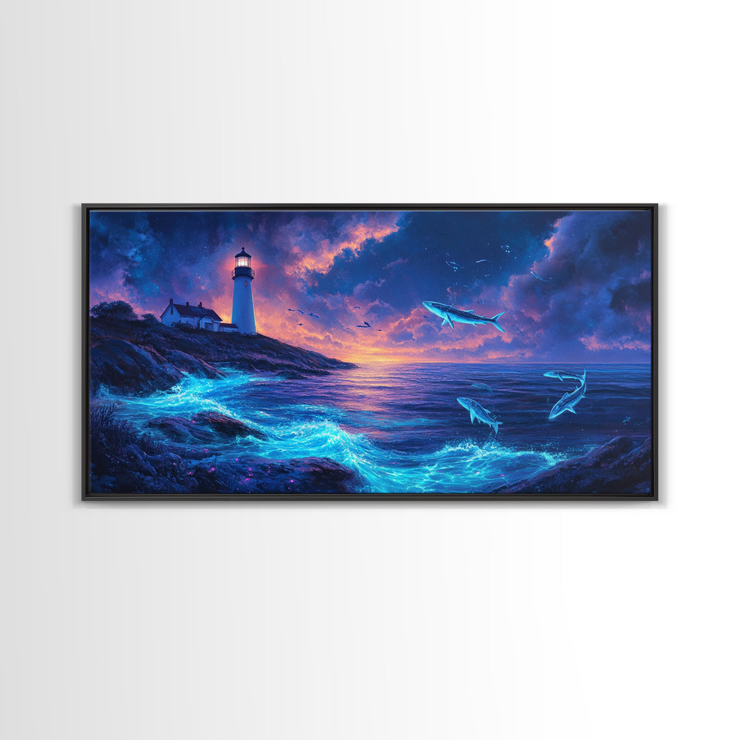 Bioluminescent Whale Ocean Lighthouse Wall Art, Fantasy Seascape Print, Coastal Wall Decor, Moody Blue Living Room Wall Art