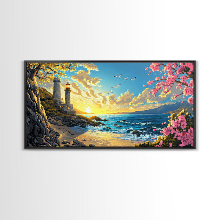 Twin Lighthouses With Cherry Blossoms At Sunrise Canvas Print, Coastal Wall Art, Beach House Decor, Nautical Living Room Art