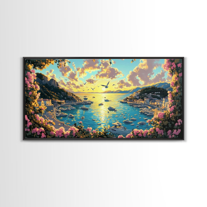 Mediterranean Harbor Sunset With Boats And Flowers Wall Art, Italy Coastal Print, Travel Poster, Living Room Decor Gift Idea