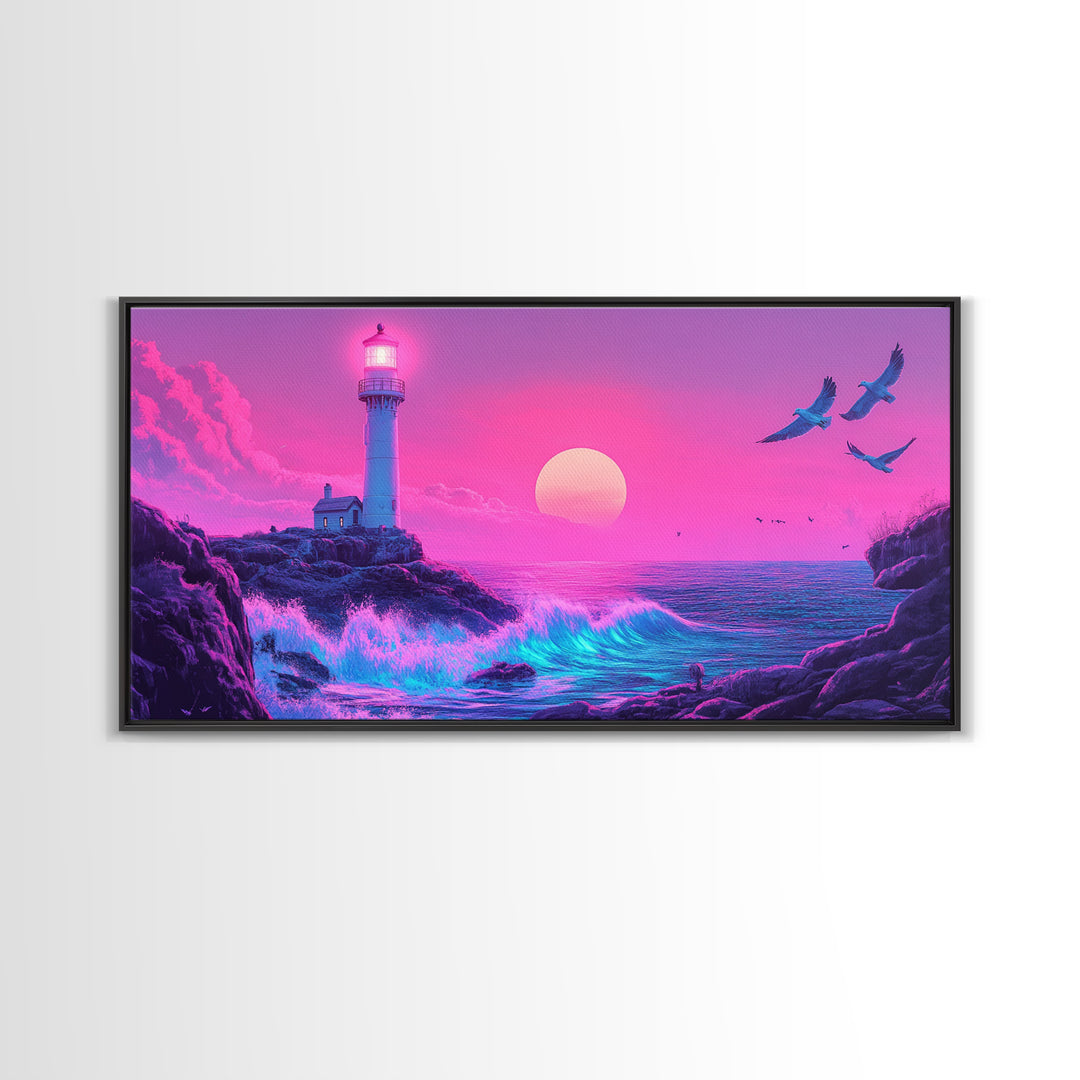Pink Lighthouse Sunset With Turquoise Waves Framed Canvas Print, Coastal Wall Art, Vaporwave Beach Decor, Ocean Poster Print