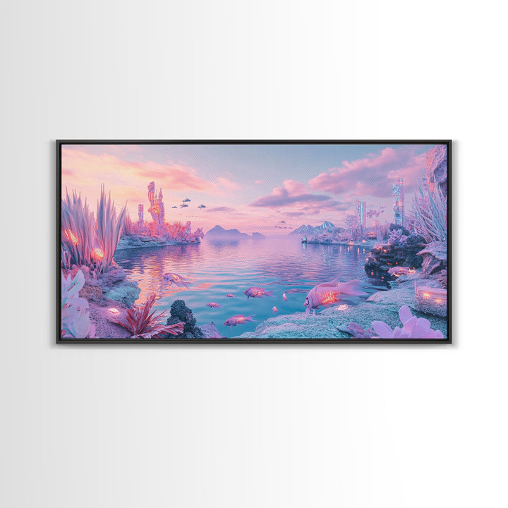 Pastel Alien Crystal Shore With Glowing Wildlife Wall Art, Fantasy Landscape Print, Sci Fi Decor, Dreamy Nursery Wall Art