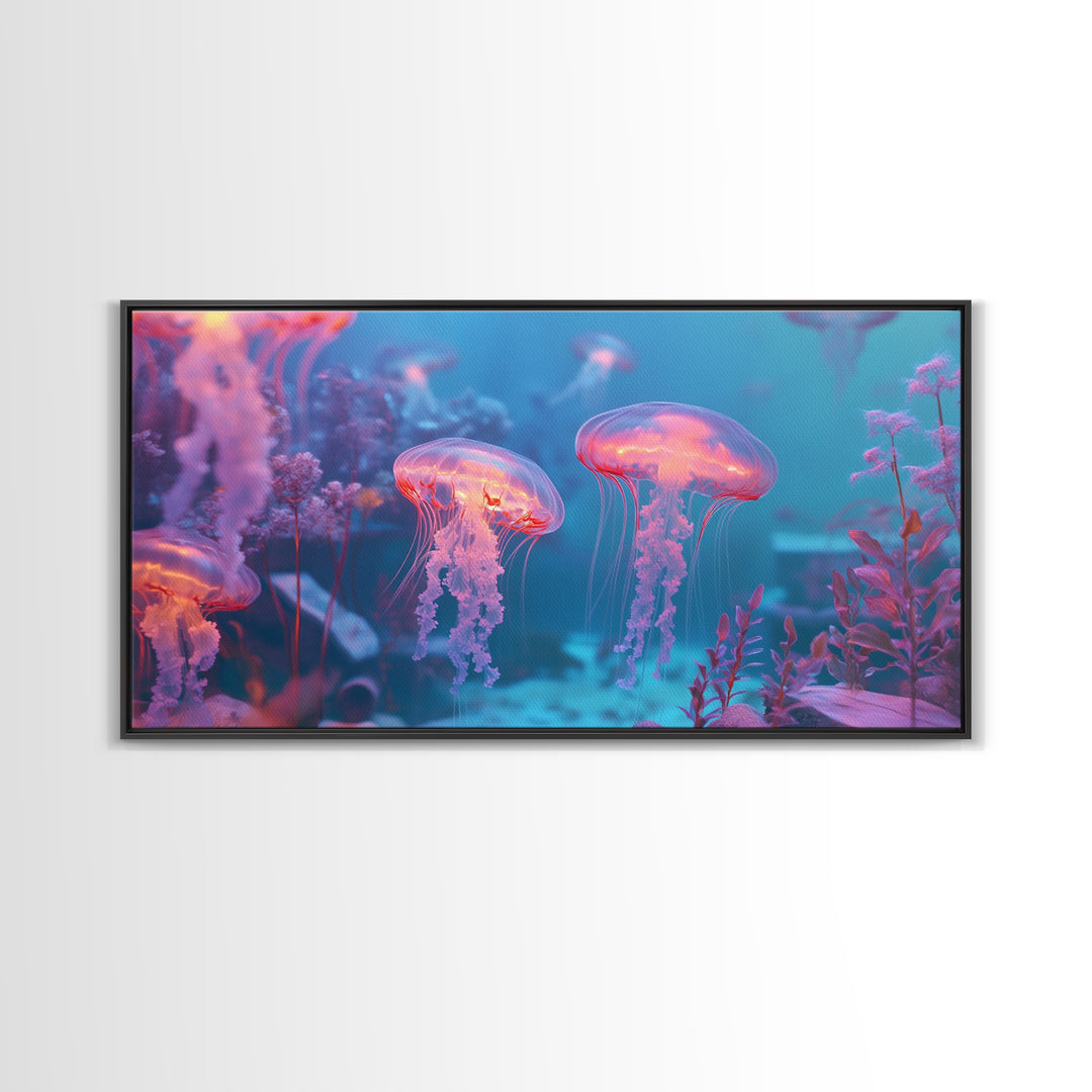 Glowing Jellyfish Garden Under Turquoise Sea Canvas Print, Underwater Wall Art, Ocean Decor, Marine Life Nursery Art Print