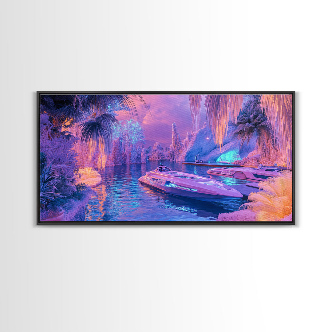 Neon Tropical Lagoon Canvas Print, Futuristic Palm Boat Wall Art, Dopamine Decor, Gaming Room Decor, Vibrant Coastal Art
