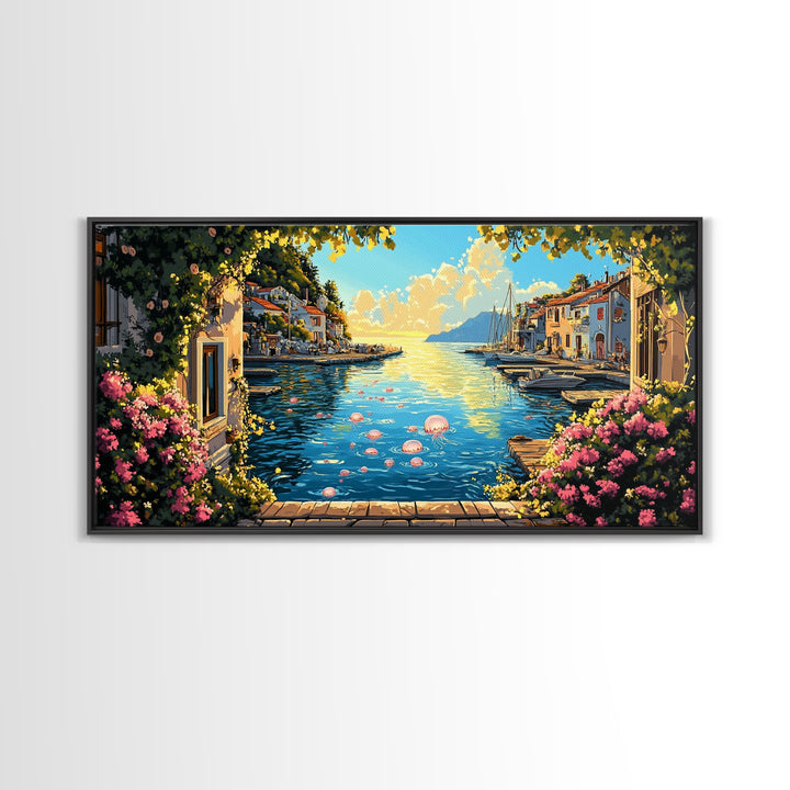 Mediterranean Flower Harbor Wall Art, Sunny Coastal Village Canvas Print, Lake Como Decor, Living Room Wall Art Gift For Her