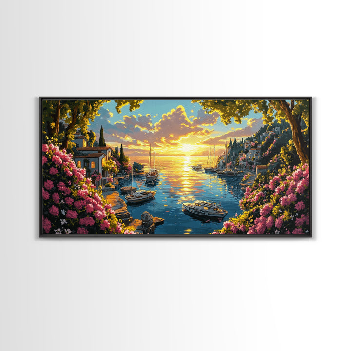 Golden Amalfi Harbor Sunset Wall Art, Coastal Village Seascape Canvas Print, Mediterranean Decor, Above Sofa Wall Art Gift