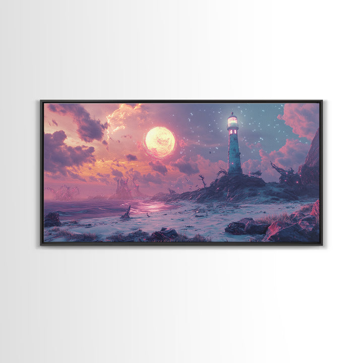 Pink Moon Lighthouse Seascape Wall Art, Fantasy Coastal Canvas Print, Moody Ocean Decor, Celestial Wall Art For Bedroom Decor