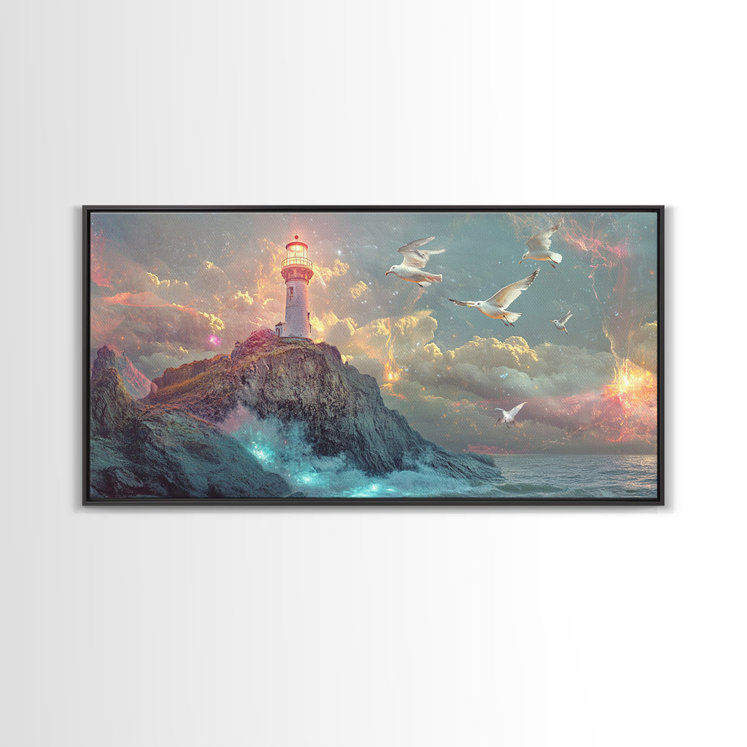 Stormy Lighthouse On Rocky Cliff Wall Art, Dramatic Seascape Framed Canvas Print, Nautical Decor, Coastal Wall Art Gift For Him