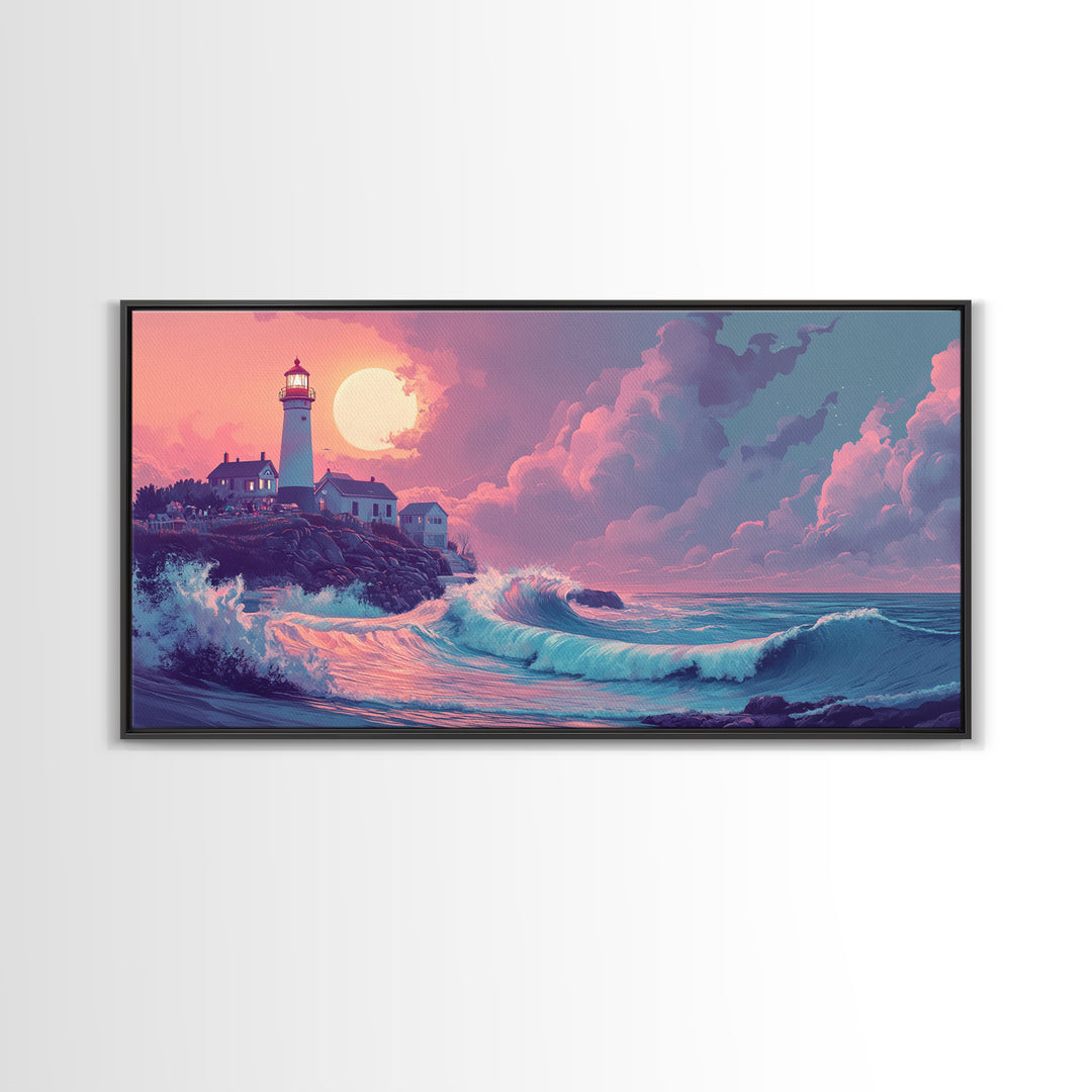 Pastel Moon Lighthouse Wave Wall Art, Dreamy Coastal Seascape Canvas Print, Beach House Decor, Pink Ocean Wall Art Gift For Her