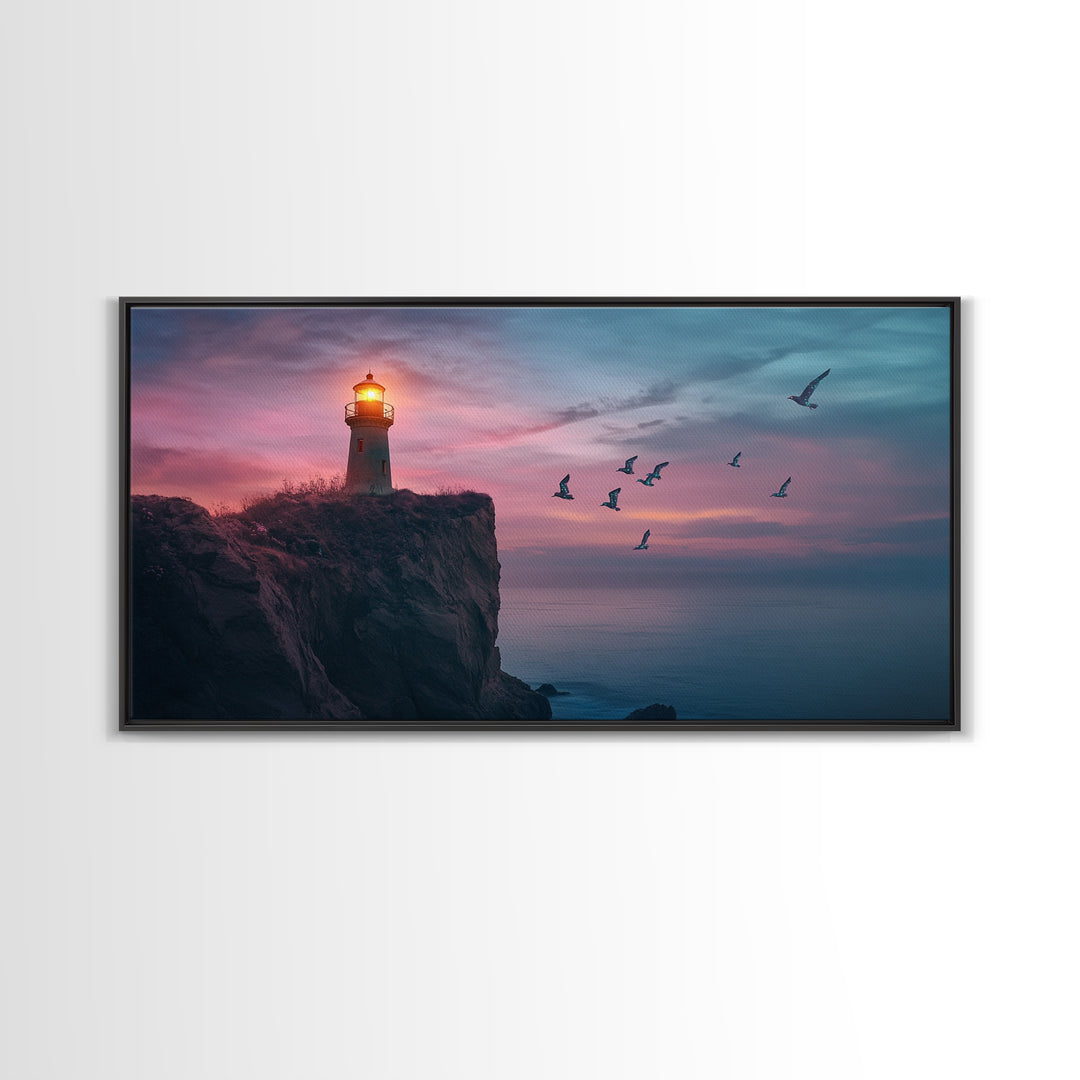Twilight Lighthouse Cliff Wall Art, Moody Ocean Seascape Canvas Print, Nautical Office Decor, Coastal Wall Art Gift For Him