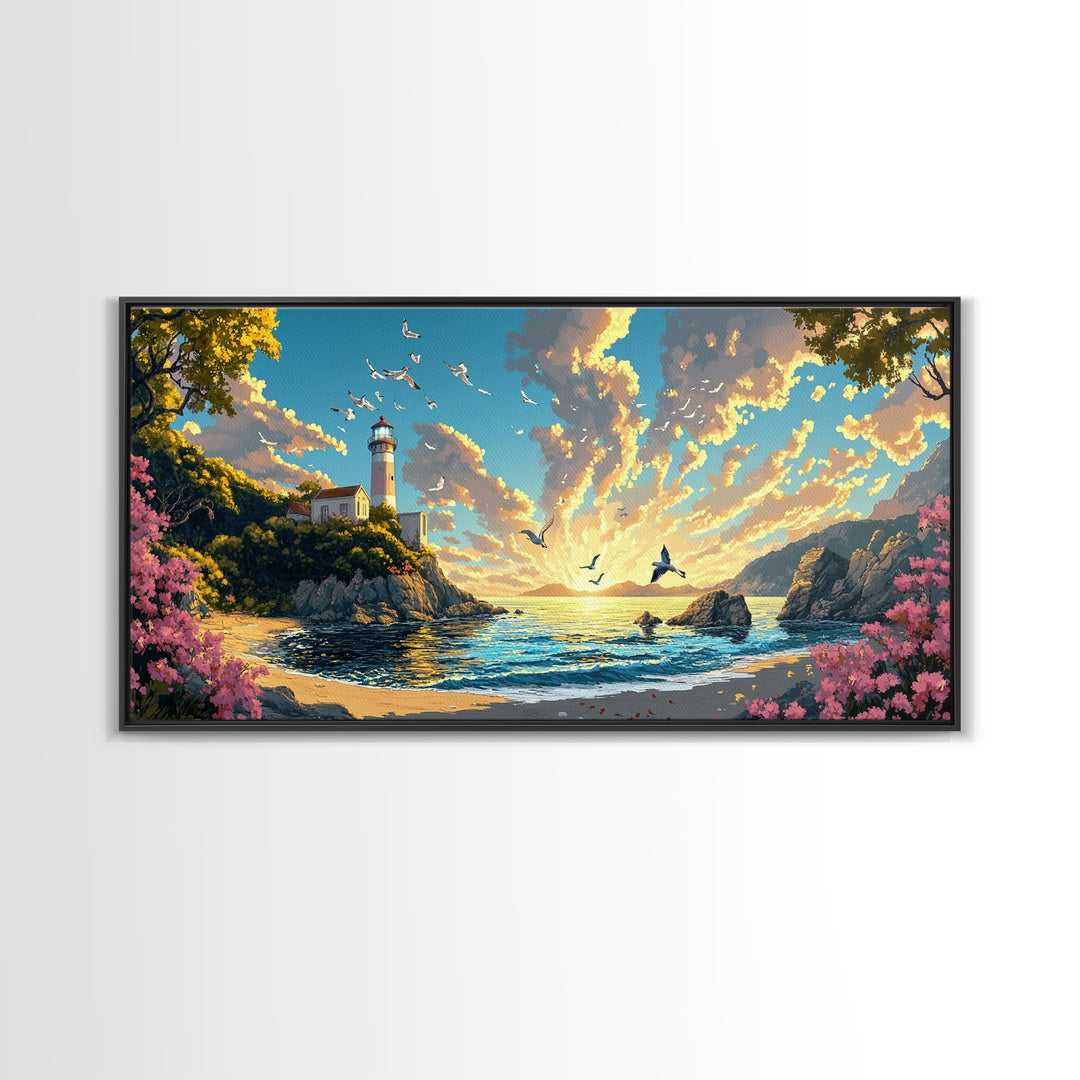 Sunlit Lighthouse Cove With Pink Flowers Canvas Print, Coastal Wall Art, Ocean Seascape, Beach House Decor Gift For Living Room Decor