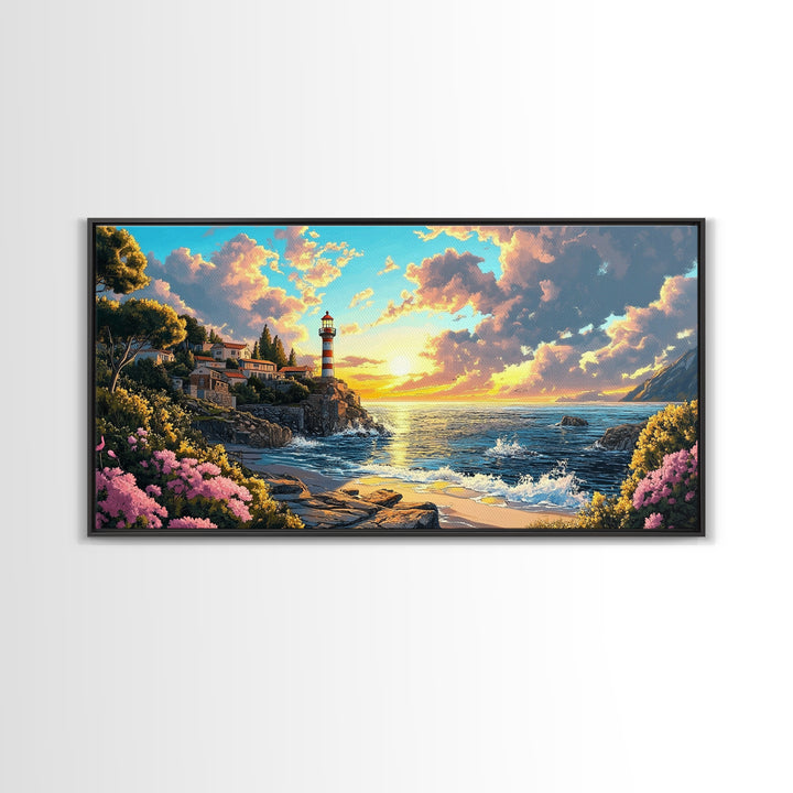 Striped Lighthouse Village At Golden Sunset Framed Canvas Print, Coastal Wall Art, Ocean Painting, Beach House Decor Gift