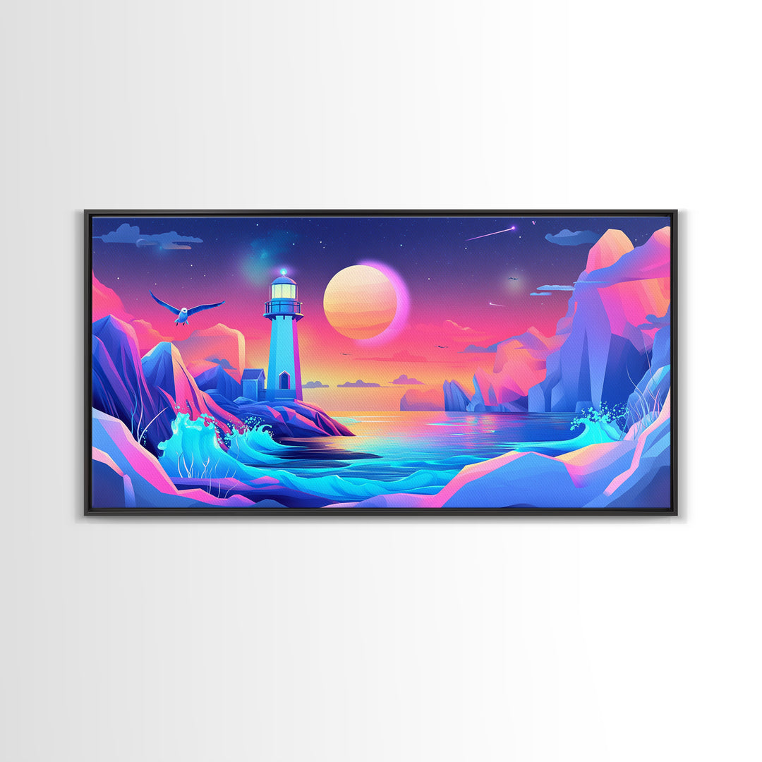 Neon Iceberg Lighthouse Under Giant Moon Canvas Print, Futuristic Wall Art, Cyberpunk Decor, Sci Fi Ocean Landscape Poster