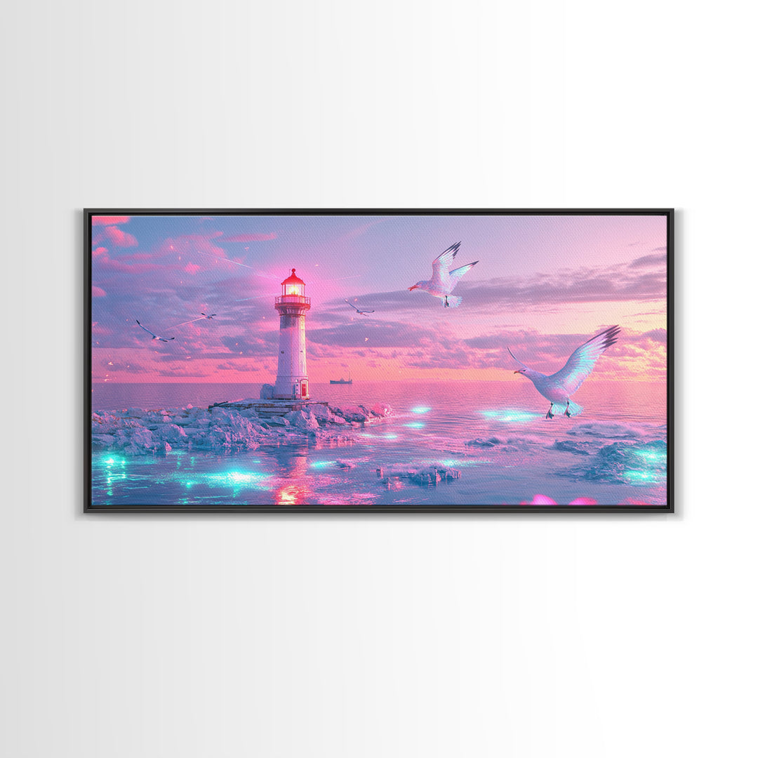 Pastel Pink Lighthouse On Glowing Sea Canvas Print, Coastal Wall Art, Dreamy Seascape, Beach Decor For Bedroom Wall Decor