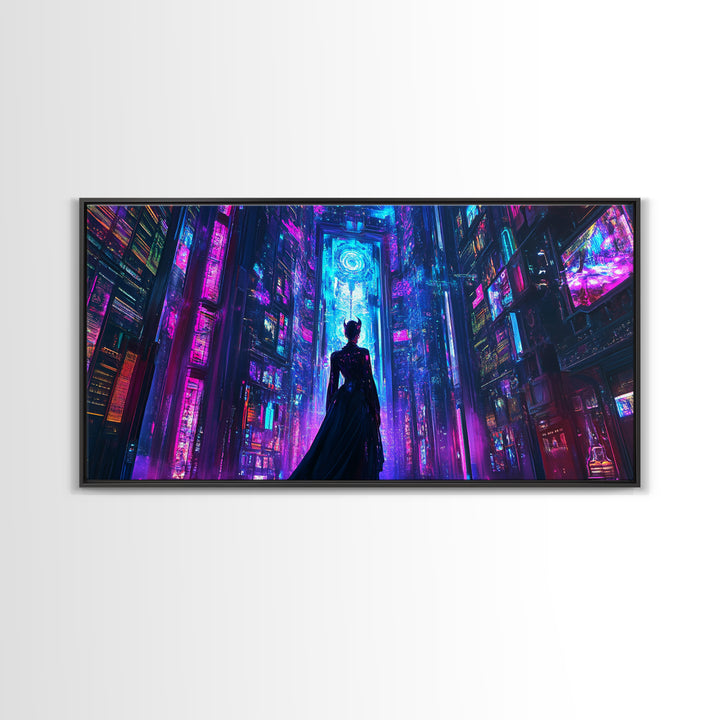 Silhouetted Woman In Neon Cyberpunk City Canvas Print, Futuristic Wall Art, Sci Fi Decor, Gaming Room Statement Art Poster